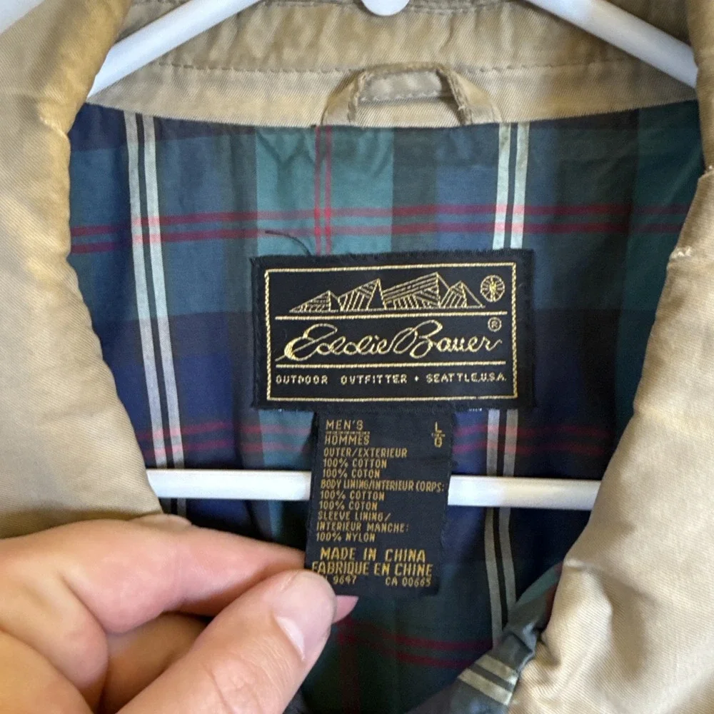 Vtg Eddie Bauer Sandstone Bomber Jacket Tan Plaid Lined Mens Large 90s Stained‎